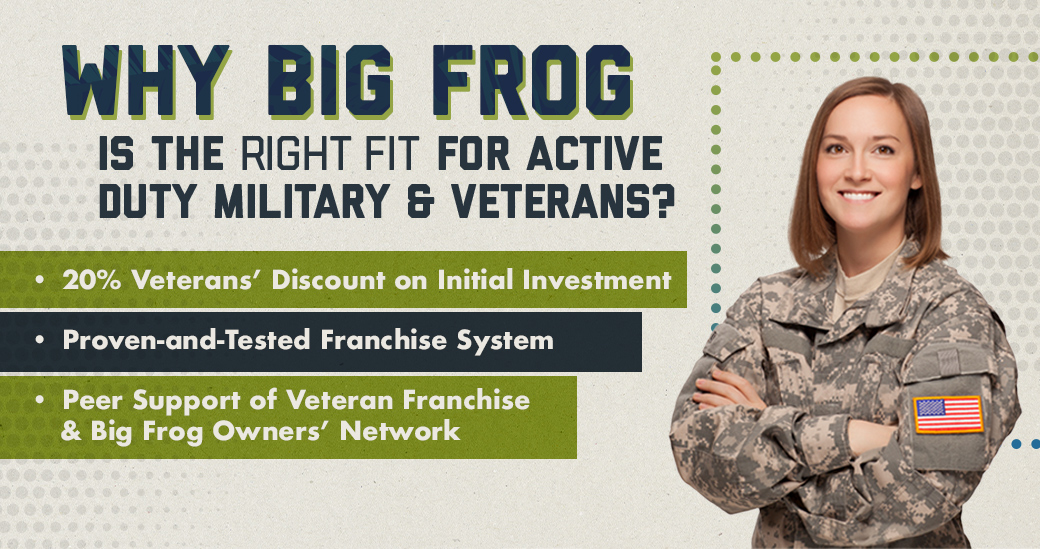 Active duty military woman standing next to text. "why big frog is the right franchise for veterans"
