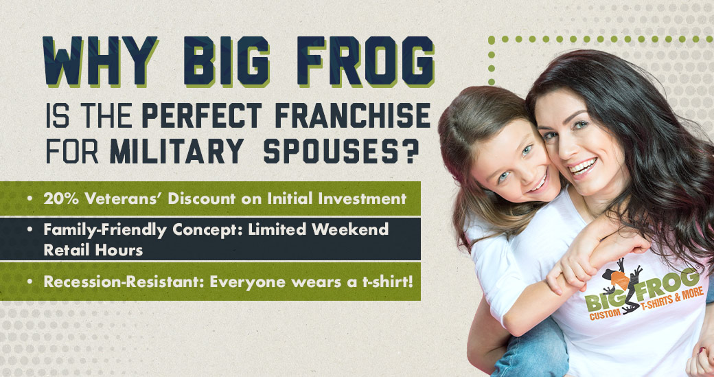 Military Spouse with child on her back, standing next to text. "why big frog is the right franchise for military spouses"