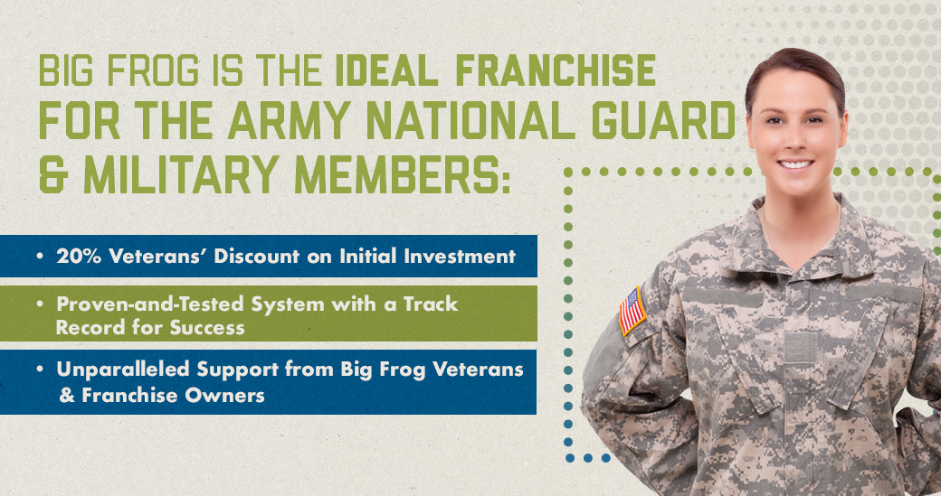 Army woman standing next to text. "why big frog is the right franchise for veterans"