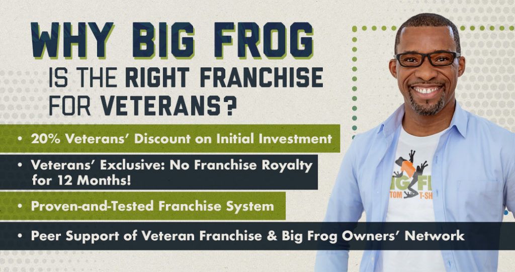 Veteran man standing next to text. "why big frog is the right franchise for veterans"